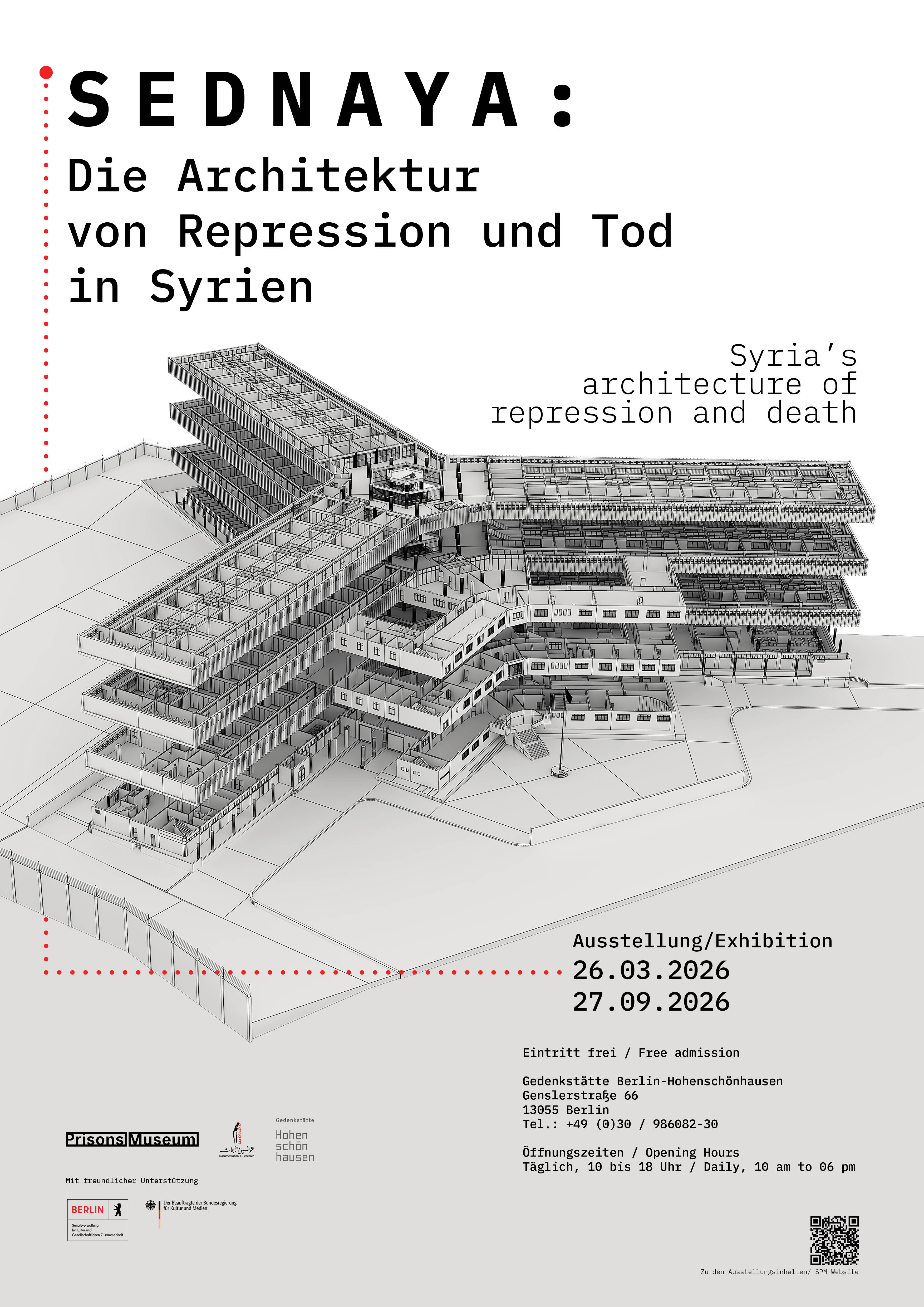 Zur Ausstellung Plakat zur Ausstellung mit 3D Grafik des ehemaligen Sednaya Gefängnisses